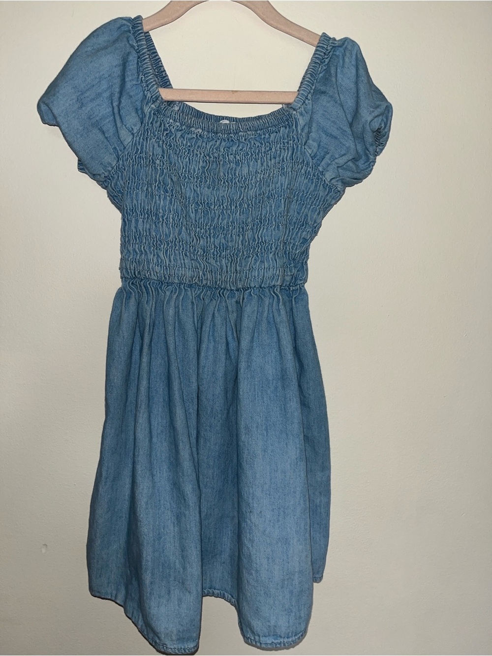 MacKenzie-Childs Light Blue Smocked Denim Dress with Puff Sleeves